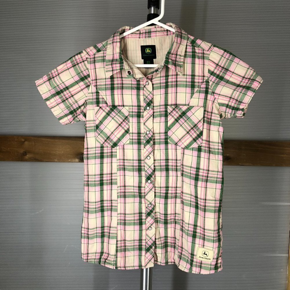 John DEERE Plaid Short Sleeve Buttoned Western Shirt Top Cream Pink Green Sz S‎